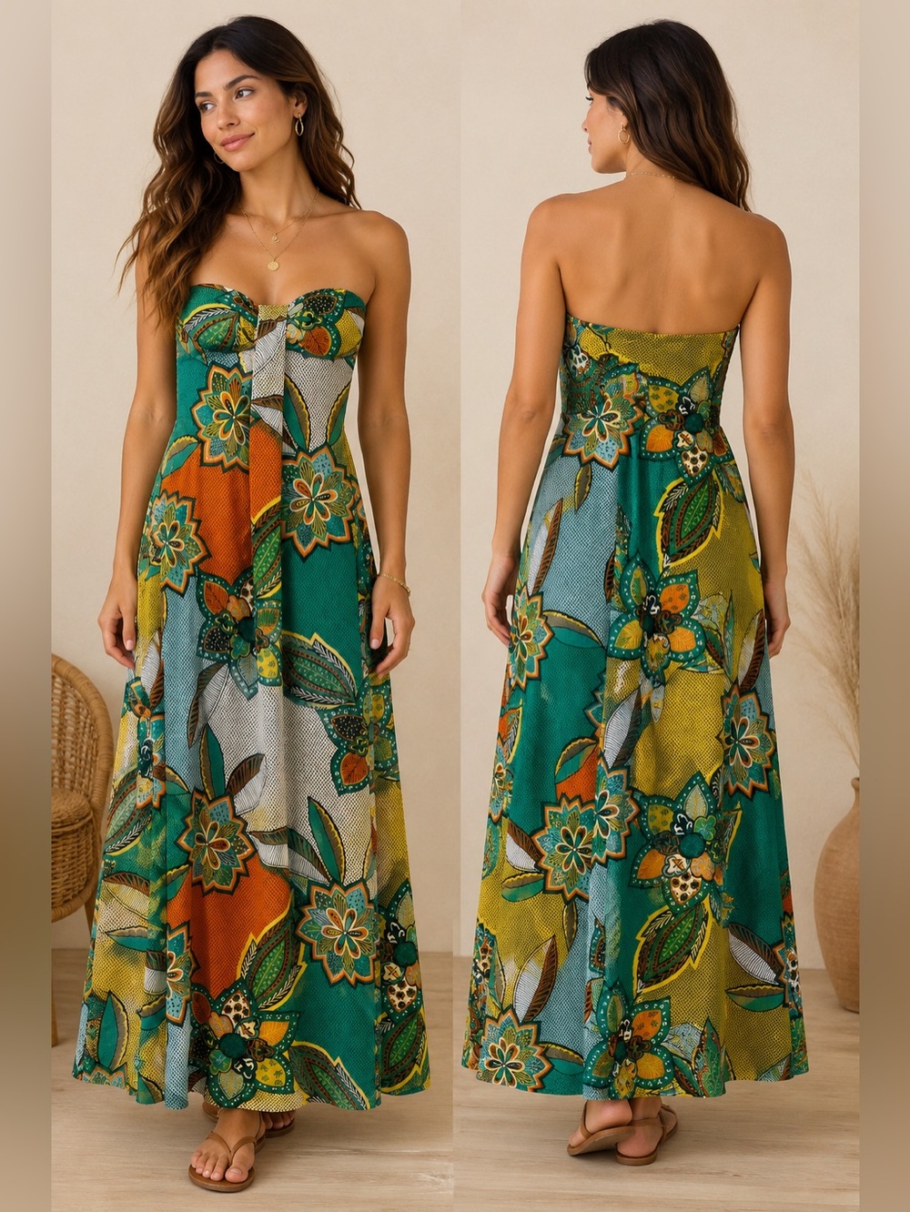 Vintage Y2K Sequin Hearts Strapless Tropical Floral Maxi Dress Made in USA